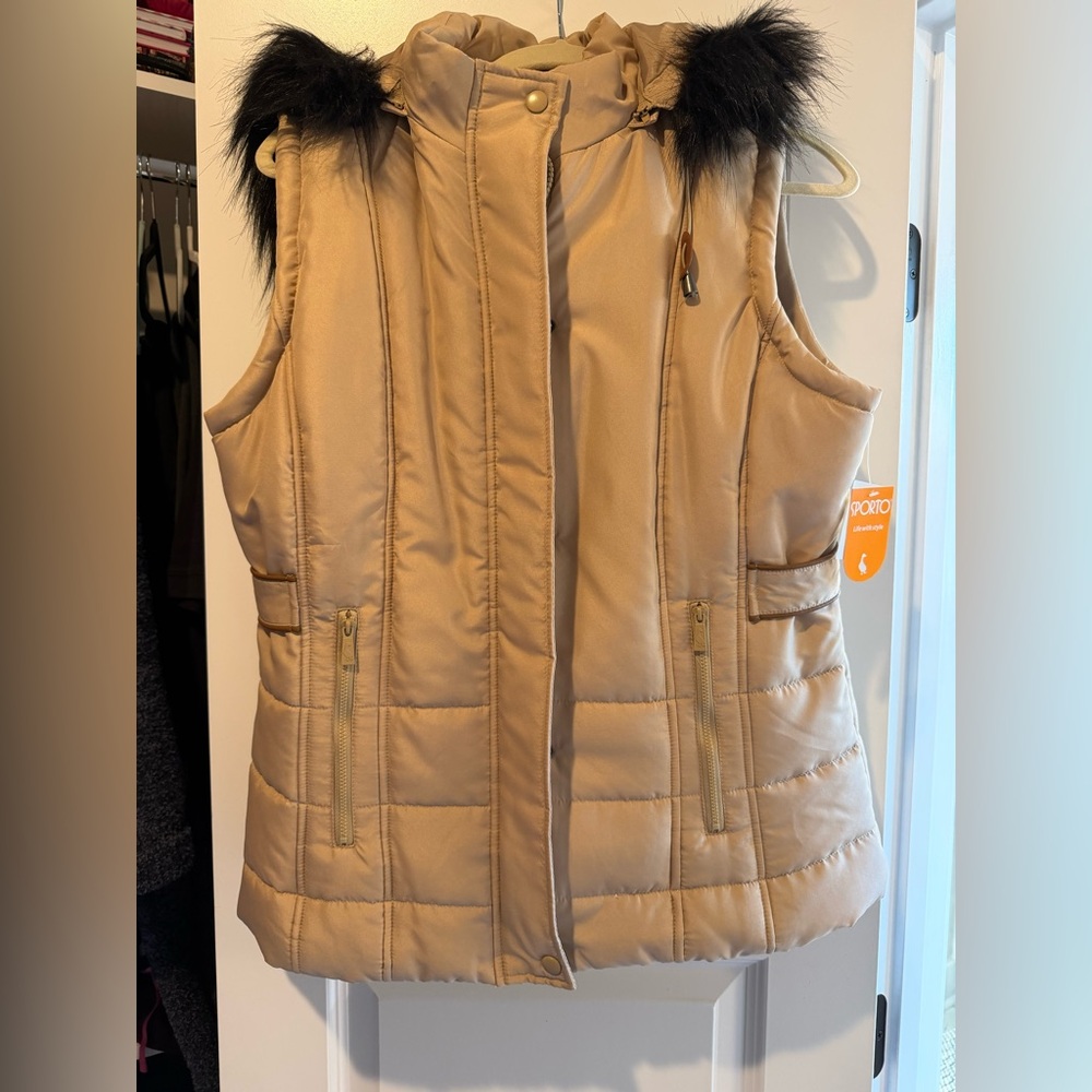 Sporto Beige Puffer Vest with Faux Fur Hood